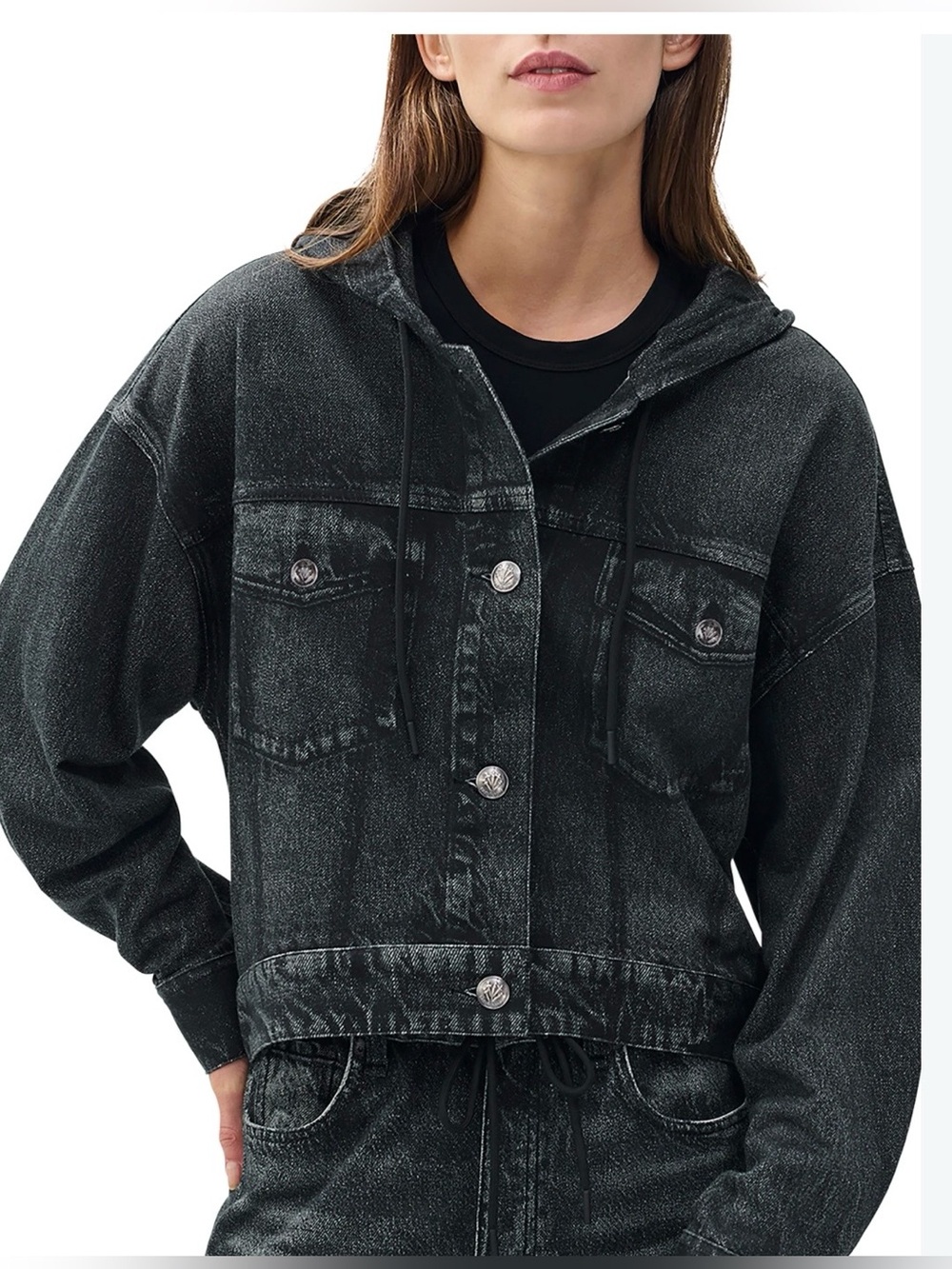 rag & bone Black Mirimar Hooded Tromp L'Oeil Faux Denim Jacket Cropped XS